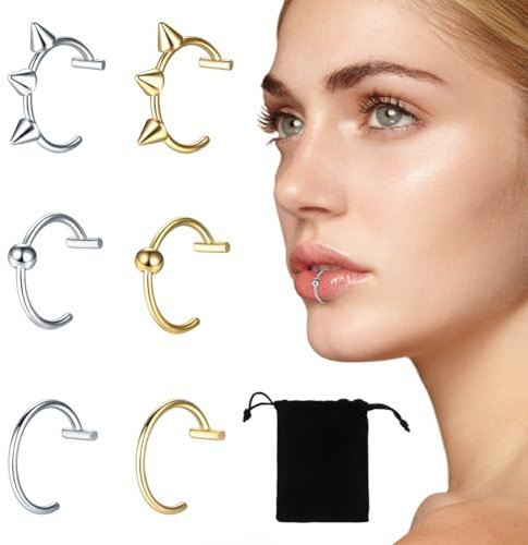 JEYORZY 6 Pièces Faux Piercing Faux Piercing, Levre Faux Septum Piercing, Nez Faux Anneau Nez Piercing Nez Anneaux Ensemble, Boucle D'oreille, Argent, Or