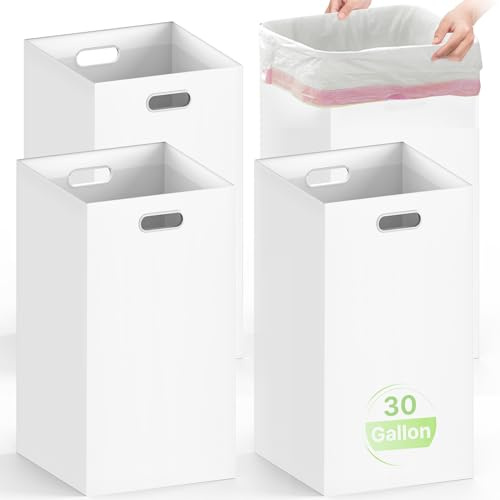 4 Pack Disposable Trash Cans for Parties, 30 Gallon Large Collapsible Garbage Cans with Handle, Thick Recycled Cardboard Recycling Bins for Party Events Camping (30 H x 14 W x 14 D), White