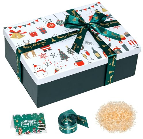Geschenkbox Weihnachten, Geschenkboxen mit Deckel, 290 x 210 x 105 mm, Große Leere Geschenkbox für Geschenke mit Schleife und Grußkarte, Faltbare Weihnachtsbox für Weihnachtsfeierzubehör (Grün)