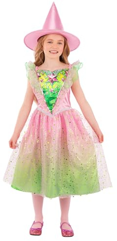 Smiffys Girls Good Witch Costume with Pink and Green Sparkly Dress and Matching Pointed Hat Kids Fancy Dress Outfit for Halloween Parties