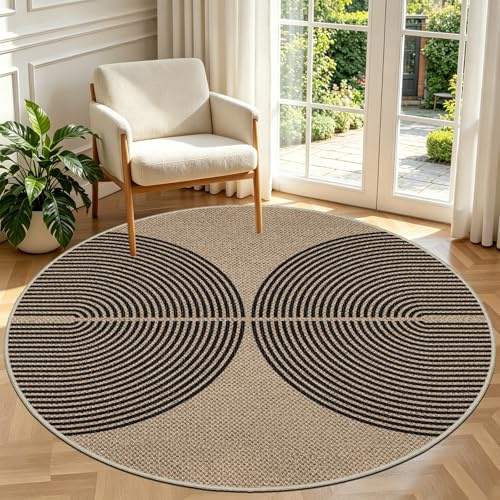 Capslpad Teppich Rund 160cm, Jute Aussehen Outdoor Teppich Wetterfest, Waschbar rutschfest Natürlich Teppiche für Wohnzimmer, Balkon, Terrasse, Küche, Garten, Farbe:Schwarz