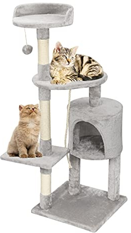 Erreyht Arbol Rascador para Gatos 112cm, Torre Gatos con 3 Postes de Sisal, 2 Plataformas, 1 Nido Acolchado y 1 Pompones, Múltiples Niveles para Gatos de Tamaño Pequeño y Mediano, Gris Claro