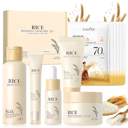 Rice Skincare Kit 5 Piezas,con Rice Toner,Esencia,Crema,Suero para Ojos,Limpiador,Mascarilla Facial,Antienvejecimiento,Hidratante,No Graso,Apto para Todo Tipo de Piel