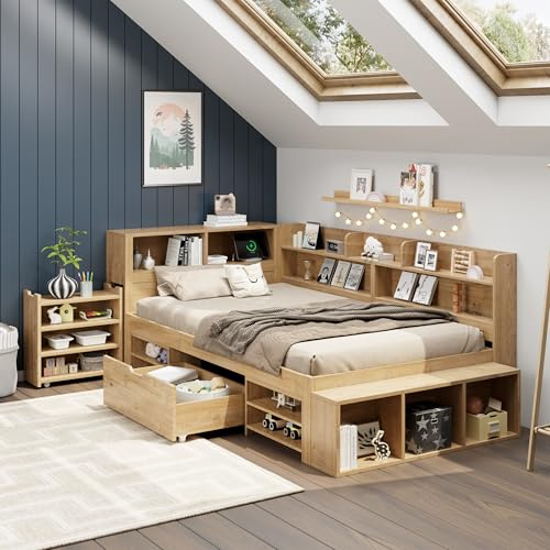 Miyemo Single Bed Frame with Storage Drawers & Charging-Station, 3ft Cabinet Platform Bed with Bookcase & Storage Cupboard, Multifunctional Kids Bed, Wooden Slats, 90x190cm, Natural, (No Mattress)