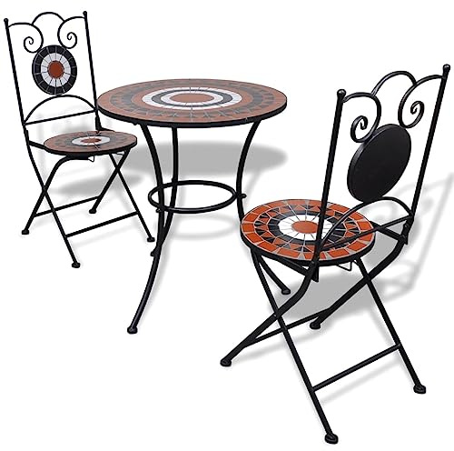 QUAHEAS 3-TLG. Bistro-Set aus Keramik und Eisen, Terrakotta-Mosaik-Tisch mit 2 Stühlen, wetterfestes Gartenmöbel-Set für Balkon, Terrasse und Outdoor-Bereich