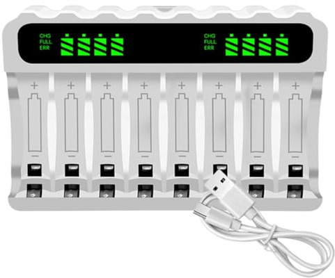 AA AAA Battery Charger 8-Slot, Rechargeable Battery Charger with LCD Display, Type-C 5V/2A Input, Intelligent Detection, Individual Slots for AA AAA NiMH Batteries
