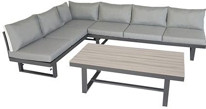 bellavista Home&Garden Gartenlounge Largo – 5-teiliges Lounge Set für 6 Personen, Aluminium anthrazit, 2 Sofas, höhenverstellbarer Tisch 140x70 cm, 2 Seitenablagen, Wendekissen