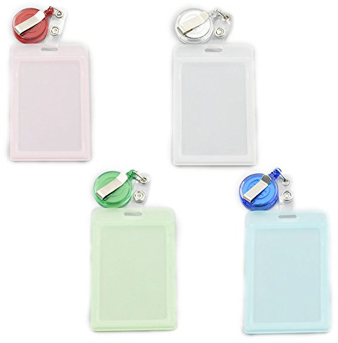 4 Sets Vertikal ID Card Badge Holder + Spule Retractable Yoyo Lanyard Kreditkarte Transparent/Pink