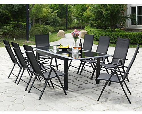 CONCEPT USINE Salon de Jardin RAVENNE Aluminium Gris 8 Places | Table extensible 160 à 240 cm, fauteuils inclinables pliables, plateau verre noir