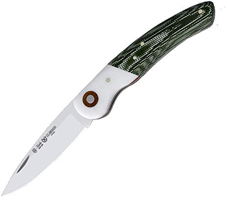 MIGUEL NIETO Navaja Climber 402-V de 17,5 cm, con Hoja de Acero AN-58 de 7,5 cm, Mango de Mikarta Blanca y Canvas Verde, Sistema de Cierre de Piston