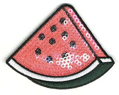 Monoquick Bügelbild Applikation Aufnäher Patch Früchte tutti frutti Melone mit Pailletten 5,7 cm x 7,3 cm, 16152, rot grün