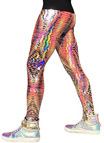 Revolver Fashion / Funstigators Festival Clothing: Men's Holographic Disco Meggings - Made in USA (Dazzle Orange, Large)