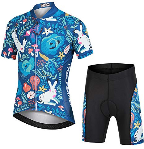LPATTERN Kinder Radsport Bekleidung- Jungen/Mädchen Fahrrad Trikot-Set(Trikot Kurzarm+Kurz Radhose)/Radtrikot Kurzarm/Kurz Fahrradhose mit Sitzpolster,Hase in Forst(Anzug),122/128(Tag:M)
