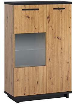 Mirjan24 Vitrine INES WIT90 in Holz-Optik Vitrinenschrank, Glasvitrine, Hochschrank, Highboard, Wohnzimmerschrank (Eiche Artisan + Schwarz/Eiche Artisan, ohne Beleuchtung)