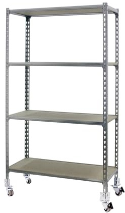 Simon Rack Metallregal mit Rollen 1575x1000x400 mm - Maderclick | 4 Höhen, Holzablage, Biegepunkt 75 kg, Korrosionsschutzlackierung, Klicksystem-Montage, Verzinkt