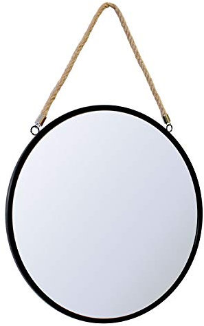 Miroir mural, rond, diamètre : 41 cm, avec corde de suspension, en métal, noir et marron, miroir d'entrée, de coiffure