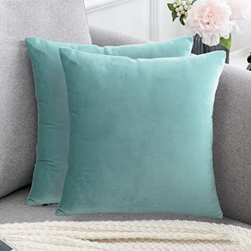 Douceur De Plumes Set di 2 Federe Cuscini Decorativi Tinta Unita in Velluto Verde Acqua 45x45 cm, Federa Quadrata Turchese Morbida, Decorazione Soggiorno Divano Camera Letto (2 Verde Acqua)