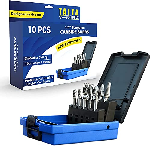 10pc Carbide Burr Set 1/4 Shank Tungsten Double Cut Rotary Die Grinder Bits - Cutting Burrs for Most Drills and Die Grinding Accessories - Wood Carving Metal Working & Sturdy Storage Case
