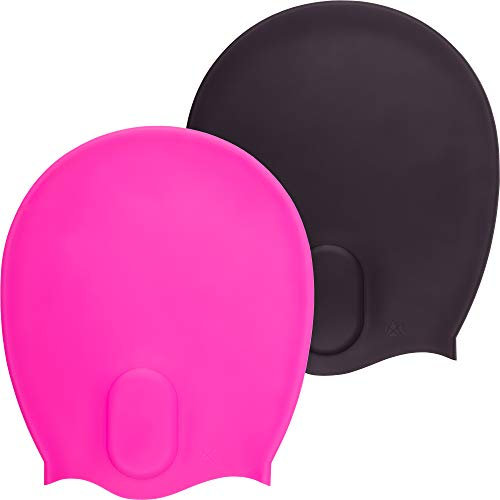 The Friendly Swede Gorros de natación de Silicona para Pelo Largo, elásticos, para Mujer, Hombre, niños (Juego de 2 Unidades), Color Negro/Rosa XL