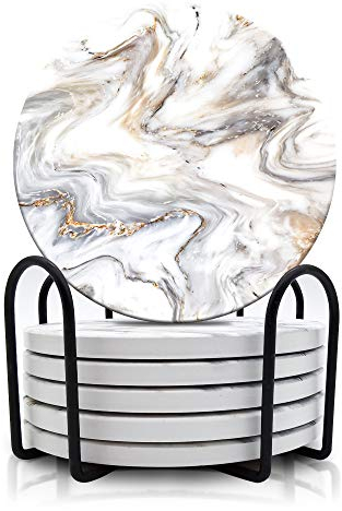 Dessous de Verre en céramique Style marbre avec Support, Dessous de Verre avec Base en liège, très adapté pour Bar, Table Basse, Salon ou décoration d'intérieur (Lot de 6) Gris