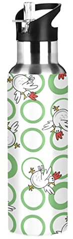 Mnsruu Simpatico Regalo Chook Gallo Pollo Borraccia Termica con Cannuccia Sportiva, Bottiglia Acqua in Acciaio Inox Isolato 600ML Senza BPA per Bevande Calde e Fredde per Bambini Scuola