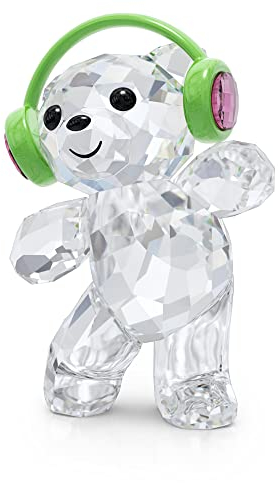 Swarovski Kris Bär, Einfach Tanzen - Detailverliebter Bär in Brillantem Kristall, mit Feinen Details und Grünen Kopfhörern