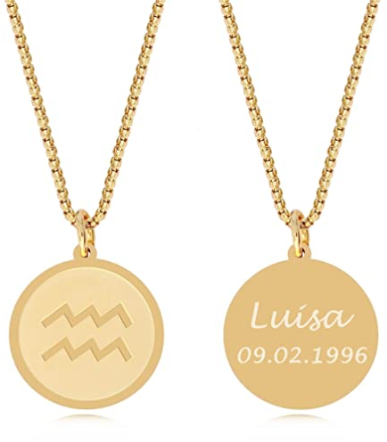 TIMANDO Damen Sternzeichen Kette Wassermann mit Gravur, Personalisierte Halskette mit Namen in goldfarben, Horoskop Anhänger, Geburtstagsgeschenk