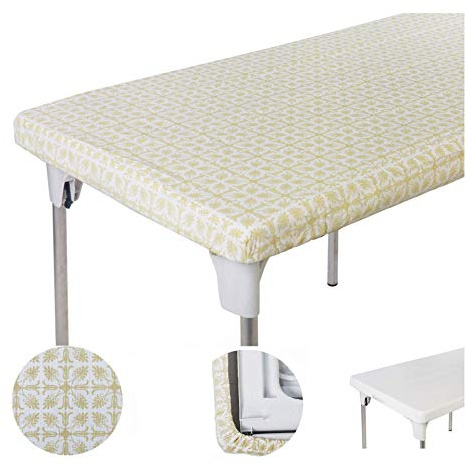 TopTableCloth Table Cover Yellow Gold Patterned Elastic Vinyl Christmas Tablecloth rectangular for folding table 4 ft 24 x 48 inch Waterproof Fitted Outdoor Table Cloths Rectangle Camping Picnic Party