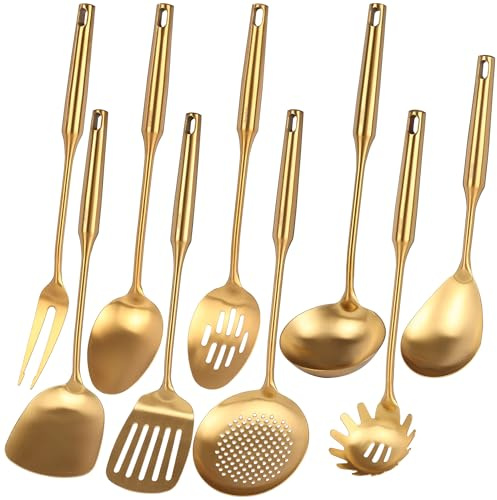 Goldfarbenes Küchenutensilien-Set, Standcn 9-teiliges 304 Edelstahl-Kochutensilien mit Fleischgabel, solider Löffel, Schlitzlöffel, Spatel, Schöpflöffel, Skimmer, Spaghetti-Server, großer Löffel