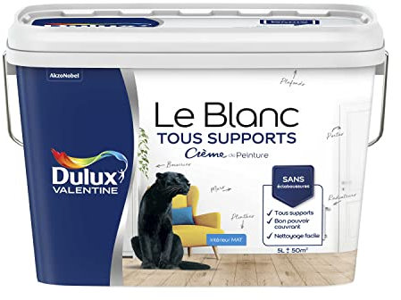 Dulux Valentine Le Blanc Tous Supports Crème de Peinture - Peinture Intérieure Murs, Plafonds, Boiseries et Radiateurs - Mat Blanc 5 L