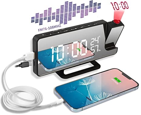 Despertador de Proyección Digital 7.5 Pulgada Proyección de 180° Giratorio Despertador Proyector Techo de Radio FM Humedad Temperatura Interior 4 Brillo Ajustable de Función Snooze de Carga USB