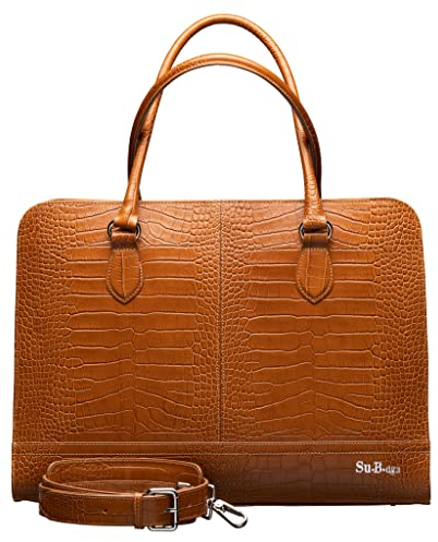 Su.B Laptoptasche 15,6 Zoll für Damen, Umhängetasche aus Kroko-Print Leder mit Schulterriemen und Kofferband, Hergestellt in Italien - Braun