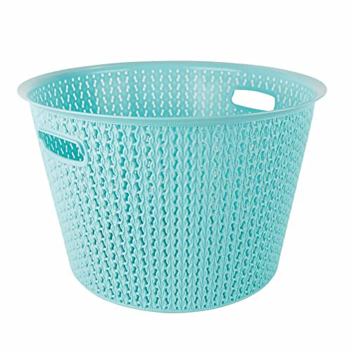35L Plastic Laundry Basket Clothes Washing Bin Storage Hamper Round Knitted (Blue)