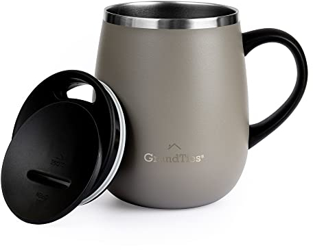 GRANDTIES Insulated Coffee Mug with Handle- Sliding Lid for Splash-Proof 16 oz Wine-Glass Shape Thermal Tumbler with Double Walled Vacuum Stainless Steel to Keeps Beverages Hot or Cold-Caffe Latte