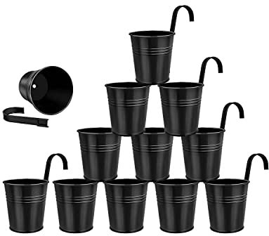 4 Inch Small Metal Hanging Flower Pot Indoor - 12 Pcs Round Metal Iron Buckets with Detachable Hooks and Drainage Holes Hanging Herb Planter for Railing Fence Outdoor Balcony Garden Patio Decor, Black