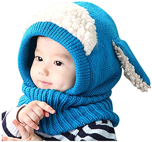 Qersh Baby Wintermütze Schal Schlupfmütze Warm Niedlich BärWintermütze Schalmütze Strickmütze mit Bommel Fleecefutter BeanieMütze Baby (S16, 2-7 Jahre alt)