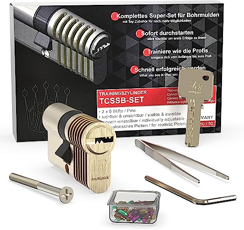 MULTIPICK Trainingszylinder Lockpicking Set - [Bohrmulde inkl. 50-tlg. Stift Set] Lock Picking Tool - variables 6-Stift EU Übungsschloss - Schloss knacken - Trainingsschloss für Profis und Anfänger
