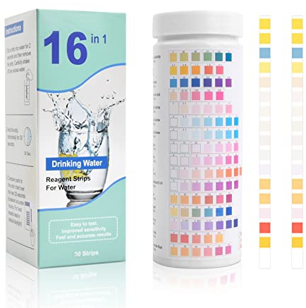 suchkawe 50Pcs Drinking Water Test Strips, 16 IN 1 Pool Test Strips Hot Tub PH Test Strips SPA Test Strips Detect for Total Alkalinity PH Hardness Chlorine Lead Iron Copper Nitrate Nitrite