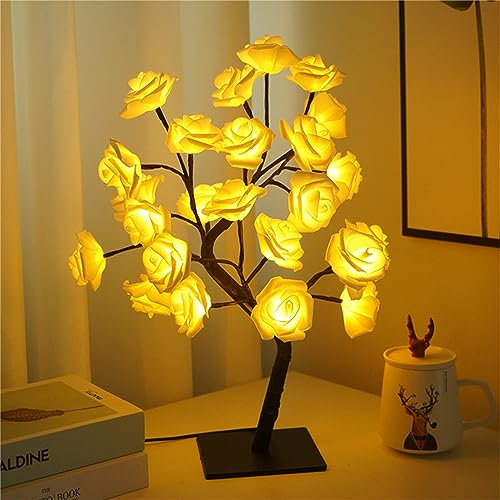 LED Desk Lamps White Rose Flower Tree Lamp Tree Night Light Centerpiece Fairy USB for Mother's Father's Day Home Bedroom Valentines Christmas Day Easter Wedding Party Decor LED Desk Light (White)