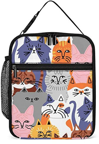 Funny Cat Crowd Lunch Box Bolsa de almuerzo reutilizable para hombres Mujeres Trabajo - Lonchera pequeña aislada de gatito de dibujos animados para adultos unisex Trabajo Picnic