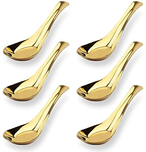 Asiatische chinesische Suppenlöffel aus Edelstahl, 6 Stück, für Ramen Pho Wonton Knödelnudeln (Gold)