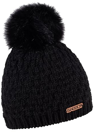 SABBOT Schick Damen Mütze mit Pelzbommel, Fleece-Futter, Wintermütze, Modernes Strickmuster, Warme Kappe (Schwarz)