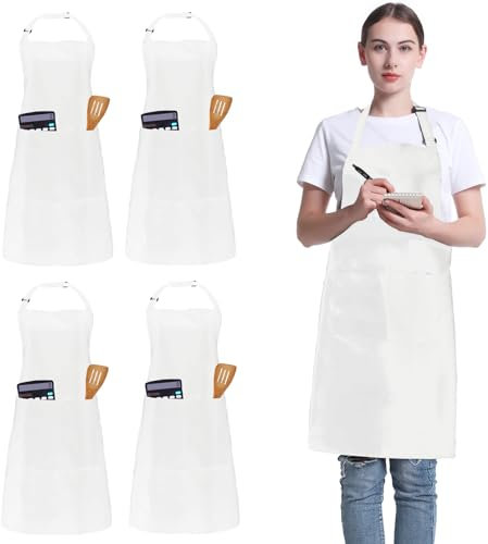 FunChaos 4 Delantal de Chef, Delantales Ajustables Unisex con 2 Bolsillos, Delantal Personalizado para Hombres y Mujeres para Cocina, Jardinería, Restaurante, Cafetería (Blanco)