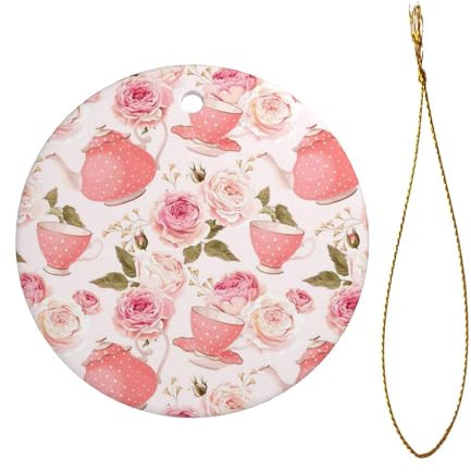 Pink Teapot Print Christmas Decorations Santa Xmas Tree Ceramic Round Hanging Keepsake Gifts Holiday