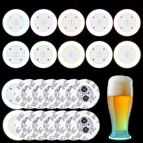 24er Set Bunt LED Untersetzer: LED Leuchtuntersetzer Runder Untersetzer Leuchtend für Getränke ON/Off Taste LED Untersetzer für Gläser, Beleuchtete Untersetzer für Partys, Bar, Hochzeiten