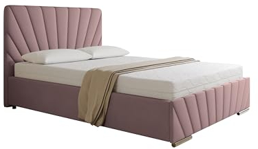 PANDA MÖBEL Polsterbett 140x200 cm - RAY Kollektion - Modern Doppelbett mit hochwertiger Bonell-Matratze - Polsterbett mit Bettkasten für Schlafzimmer - Rosa