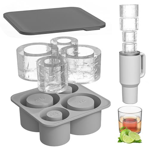Stanley Ice Cube Tray, Stanley Ice Cube Mould for 20-40oz Tumblers, 4in1 Silicone Ice Cube Maker with Lid, BPA Free Ice Cube Maker, Reusable Ice Cube Mould Chilling Whiskey,Cocktails, Coffe (GREY)