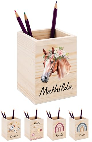 Bärenfreunde® - Personalisierter Stiftehalter Kinder aus Holz - Kreativer und praktischer Schreibtisch-Organizer Kinder mit Namen - Perfektes Einschulung Geschenk und Geburtstag (Pferd Blumenkopf)