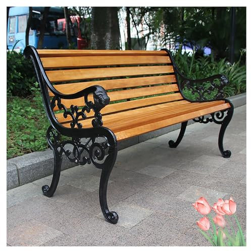 Outdoor Metal Garden Bench with Cast Iron and Wood Backrest and Curved Armrests Comfortable Slatted Seat for Dining Picnics Indoor Outdoor Patio Park (Color)