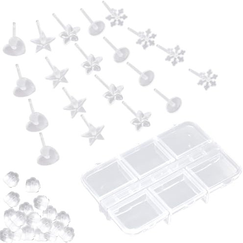 10 Pcs Clear Stud Earrings for Sensitive Ears-School-Safe, Hypoallergenic Silicone & Plastic Set with Storage Box